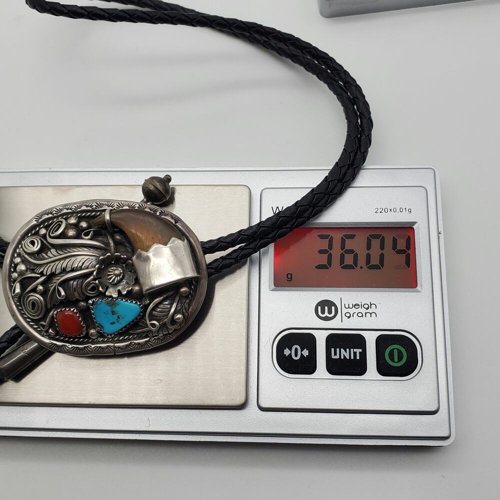 Navajo Sterling Silver Bolo Tie Turquoise Coral Native American Verdy Jake SW - Picture 4 of 13